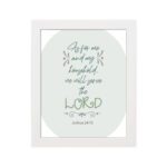 Christian wall art featuring Joshua 24:15 Bible verse on a gray and white background with gray design and green font and white framed hung on the wall