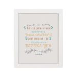 Christian wall art with Psalm 102:28 verse, featuring pastel colors, decorative fonts, and floral accents on a beige background hung on the wall in a white frame