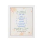 Fruit of the Spirit Bible verse wall art in blue with leaf accents, Galatians 5:22-23. hung on the wall in a white frame