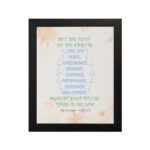 Fruit of the Spirit Bible verse wall art in blue with leaf accents, Galatians 5:22-23. hung on the wall in a black frame