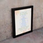 Fruit of the Spirit Bible verse wall art in blue with leaf accents, Galatians 5:22-23. displayed on the wall in a black frame