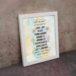 Fruit of the Spirit Bible verse wall art with black text and pastel watercolor background, Galatians 5:22-23. displayed on the wall in a white frame