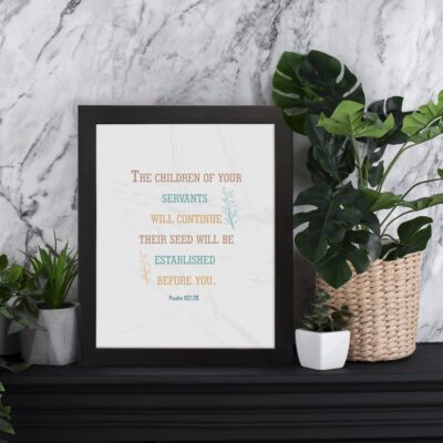 Infidu Psalm 102:28 Bible Wall Art with soft colors and marble background – Christian home decor piece. displayed on the table in a black frame