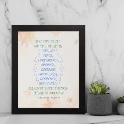 Fruit of the Spirit Bible verse wall art in blue with leaf accents, Galatians 5:22-23. displayed on the wall in a black frame