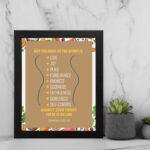 The Fruit of the Spirit Galatians 5:22-23 Bible wall art with blue and orange text, decorative border, and light brown background. displayed on the wall in a black frame