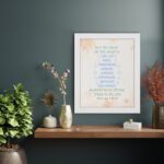 Fruit of the Spirit Bible verse wall art in blue with leaf accents, Galatians 5:22-23. displayed on the wall in a white frame