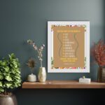 The Fruit of the Spirit Galatians 5:22-23 Bible wall art with blue and orange text, decorative border, and light brown background. displayed on the wall in a white frame