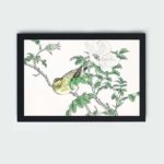 Discover the beauty of a Brown-eared Bulbul and Rosa Rugosa in this vintage art print by Numata Kashu,placed on the wall