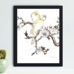 Discover the beauty of a Canary and Peach in this vintage art print by Numata Kashu,placed on the wall