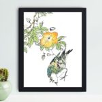 the beauty of a Grey Starling and Cercidiphyllum Japonicum in this vintage art print by Numata Kashu,placed on the wall