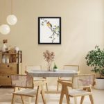 Discover the beauty of a Japanese Meadow Bunting and Golden Ball in this vintage art print by Numata Kashu,placed on the wall