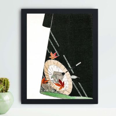 Discover the beauty of a traditional Japanese robe adorned with a parasol in this vintage art print by Watanabe Seitei,placed on the wall