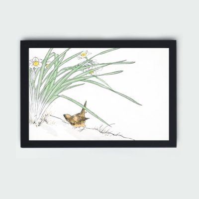 Discover the beauty of a Grey Starling and Cercidiphyllum Japonicum in this vintage art print by Numata Kashu,placed on the wall