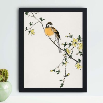 Discover the beauty of a Japanese Meadow Bunting and Golden Ball in this vintage art print by Numata Kashu,placed on the wall