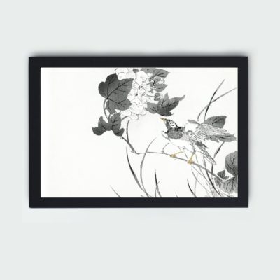 the beauty of a Grey Starling and Lotus in this vintage art print by Numata Kashu,placed on the wall