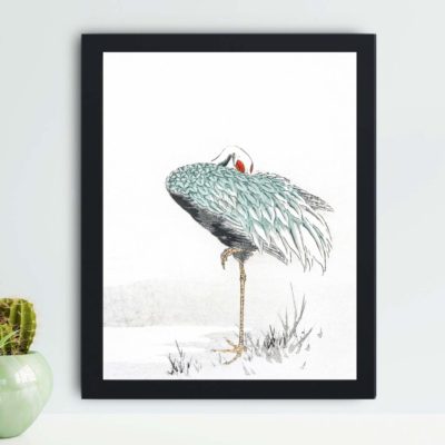 Discover the beauty of a White-naped Crane and New Year's Fern in this vintage art print by Numata Kashu,placed on the wall