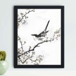 Discover the beauty of a Bush-warbler and White Plum Tree in this vintage art print by Numata Kashu,placed on the wall