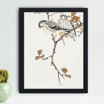 the beauty of a Siskin and Euonymus Alata in this vintage art print by Numata Kashu,placed on the wall