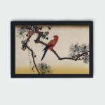 the vibrant beauty of a macaw perched on a pine branch in this vintage Ukiyo-e art print by Utagawa Hiroshige,placed on the wall