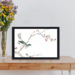 Discover the beauty of a Brown-eared Bulbul and Dioecious Holly in this vintage art print by Numata Kashu,placed on the wall