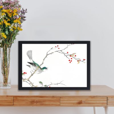 Discover the beauty of a Brown-eared Bulbul and Dioecious Holly in this vintage art print by Numata Kashu,placed on the wall