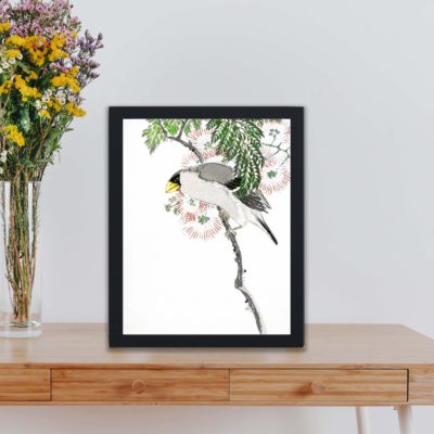 Discover the beauty of a Japanese Masked Hawfinch and Silk Tree in this vintage art print by Numata Kashu,placed on the wall