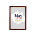 Bless The Lord O My Soul Psalm 103:1 Christian wall art in bold blue and orange, with a light gray background and splash design. hung on the wall in a brown frame