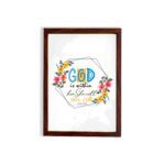 God Is Within Her She Will Not Fall Psalm 46:5 Bible Verse Wall Art with colorful flowers and modern design hung on the wall in a brown frame