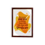 Bible wall art featuring Psalm 63:3 with bold and cursive text on a gray background with orange patterns. hung on the wall in a brown frame