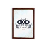 Infidu Bible wall art featuring the quote With God Nothing Shall Be Impossible in navy blue text on a light blue watercolor background. hung on the wall in a brown frame