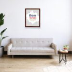 Bless The Lord O My Soul Psalm 103:1 Christian wall art in bold blue and orange, with a light gray background and splash design. displayed on the wall in a brown frame