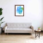 Bible wall art featuring the phrases Start With Jesus, Stay With Jesus, and End With Jesus in cursive on a watercolor blue and green background. displayed on the wall in a brown frame