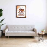 Bible wall art featuring Luke 1:37, with playful text and a warm brown background. Perfect for Christian home decor. displayed on the wall in a brown frame