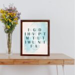 Infidu Psalm 56:4 Christian Wall Art - In God I Have Put My Trust I Will Not Fear with teal text and blue watercolor background. displayed on the table in a brown frame