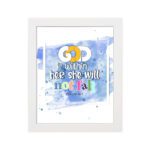 God Is Within Her She Will Not Fall Psalm 46:5 Bible Verse Wall Art with bright colors and watercolor background hung on the wall in a white frame