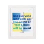 Acts 2:21 Bible Verse Wall Art with bold fonts and light blue highlights on "The Lord" against a textured white and yellow background. hung on the wall in a white frame