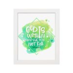 Infidu wall art featuring the quote God Is Within Her, She Will Not Fall with a light green diamond background and white text. hung on the wall in a white frame