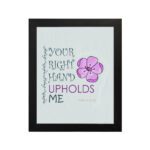 Your Right Hand Upholds Me Psalm 63:8 Christian Wall Art with bold text and floral design on a mint green background. hung on the wall in a black frame