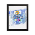 God Is Within Her She Will Not Fall Psalm 46:5 Bible Verse Wall Art with bright colors and watercolor background hung on the wall in a black frame