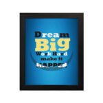 Infidu Dream Big Work Hard Make It Happen wall art with a blue background white, yellow, and black text, and a black frame hung on the wall. Inspiring decor for home offices and workspaces.