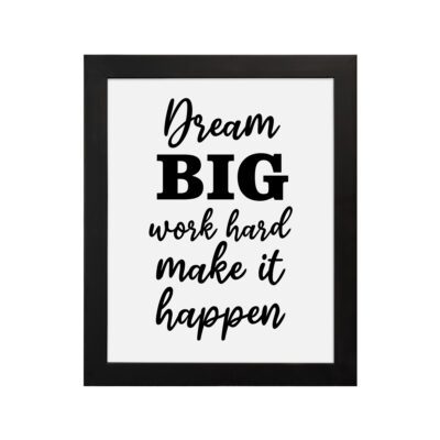 Infidu motivational quotes wall art featuring Dream Big Work Hard Make It Happen on a white background and black frame and hung on the wall. Perfect for inspiring your workspace.