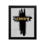 Infidu Jesus Christ Bible Wall Art featuring a black cross and gold lettering on a light gray background. Perfect for home decor. hung on the wall in a black frame