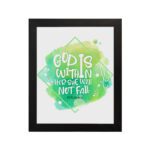 Infidu wall art featuring the quote God Is Within Her, She Will Not Fall with a light green diamond background and white text. hung on the wall in a black frame