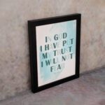 Infidu Psalm 56:4 Christian Wall Art - In God I Have Put My Trust I Will Not Fear with teal text and blue watercolor background. displayed on the wall in a black frame