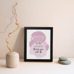 Christian wall art featuring the quote Getting Wisdom Is The Wisest Thing You Can Do from Proverbs 4:7, with pink flowers and soft colors. displayed on the wall in a black frame