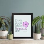 Your Right Hand Upholds Me Psalm 63:8 Christian Wall Art with bold text and floral design on a mint green background. displayed on the table in a black frame