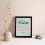 Wisdom Proverbs 2:6 Christian wall art with teal and red text on a mint green background in a black frame. displayed on the wall in a black frame