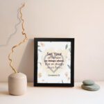 Colossians 3:2 Bible verse wall art with floral design and bold lettering, featuring the words Set Your Affection on Things Above. displayed on the wall in a black frame