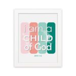 Infidu I Am A Child Of God John 1:12 Christian Wall Art with modern pink and green gradient design on a playful background. hung on the wall in a white frame