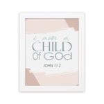 Bless The Lord O My Soul Psalm 103:1 Christian wall art with soft gray and peach tones, elegant font, and abstract brushstroke background. hung on the wall in a white frame